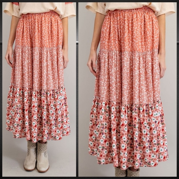 EASEL Mixed Floral Print Midi or Maxi Cottagecore Tiered Prairie Skirt W/Lining - Picture 6 of 16